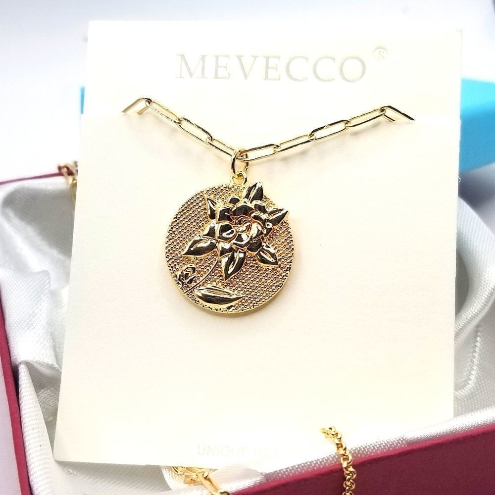 14k Goldplated Gardenia Flower Coin Chain Link Pendant Necklace